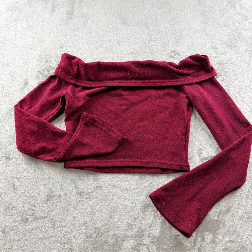 Cider Women's XS Wine Red Off The Shoulder Long Sleeve Crop Top